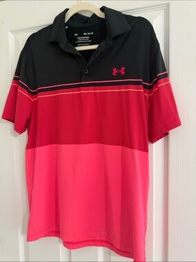 Under Armour Men’s Black, Red & Pink Striped Polo